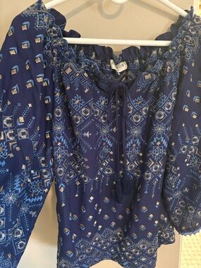 Hale Bob Navy Top with Light Blue and Gold Embroidery